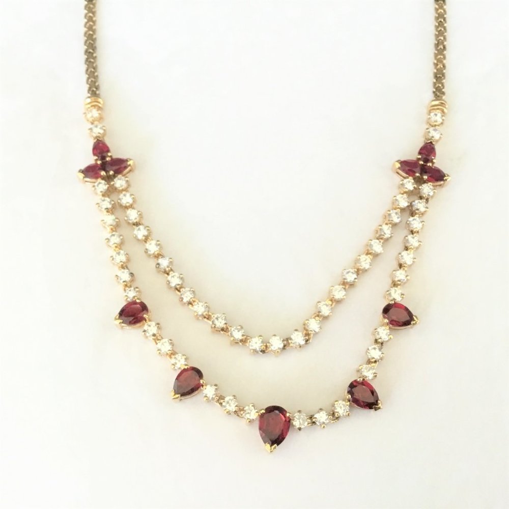 Necklace 18k Gold over 925 Sterling Ruby & Diamond Look Cubic Zirconia Prong Set